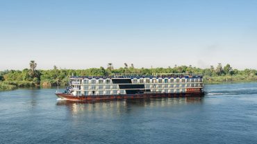 A ship sailing in best month for Nile cruise travel due to cooler temperatures.