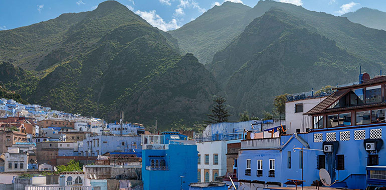 Blue City Panorama with a Rif Mountain Backdrop Chefchaouen Morocco