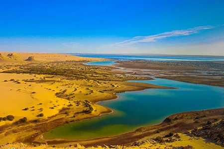 Vibrant overhead shot of a turquoise lake surrounded by golden desert dunes during a Fayoum oasis tour from Cairo