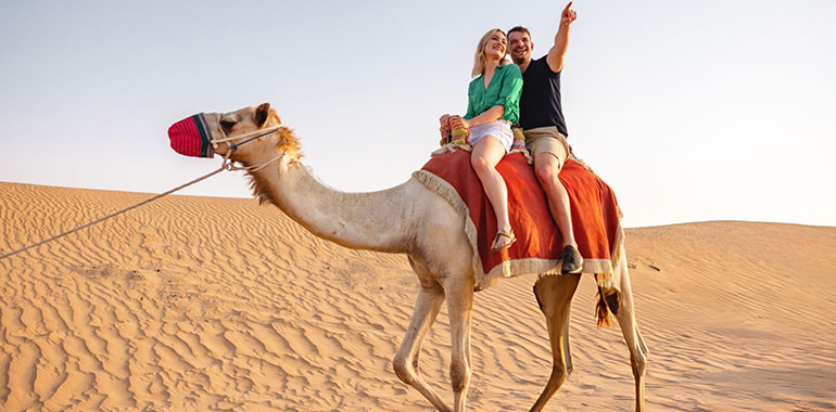 Caucasian Couple Camel Riding In Dubai