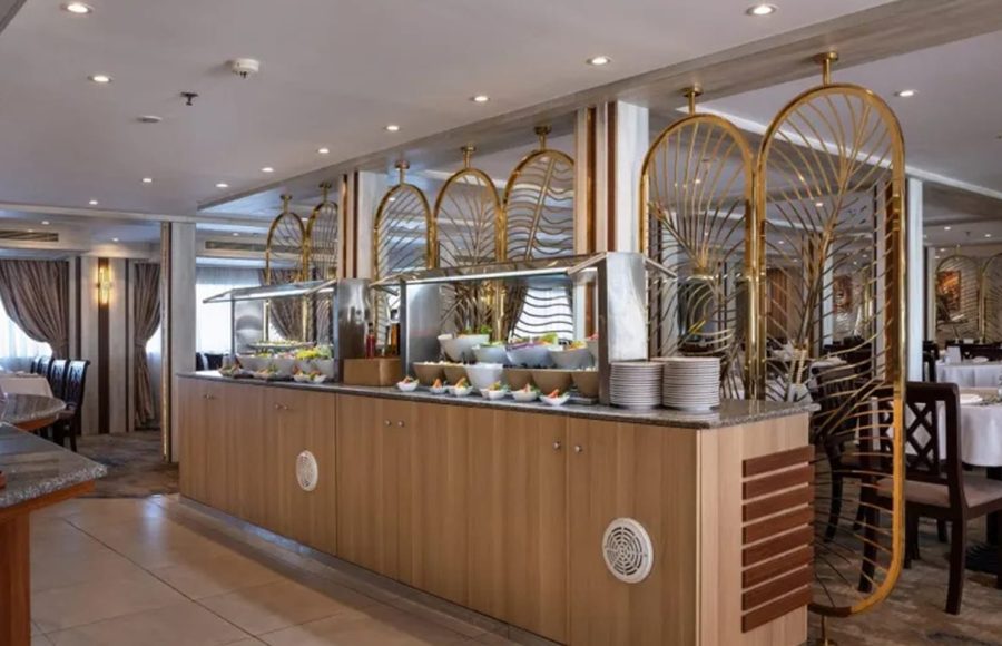 Cruise ship buffet line and dining area