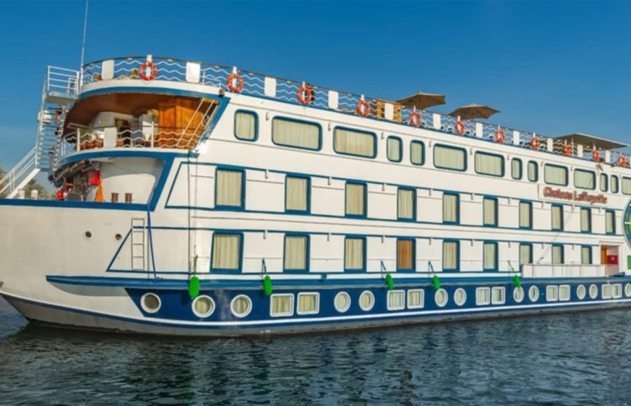 White and blue cruise ship named Chateau Lafayette.