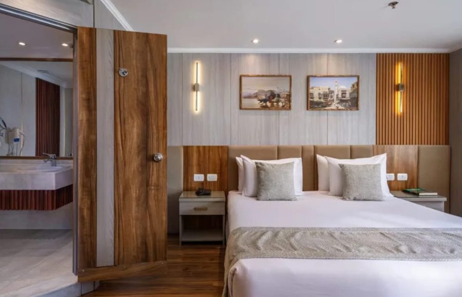 Modern cruise ship bed and en-suite bathroom