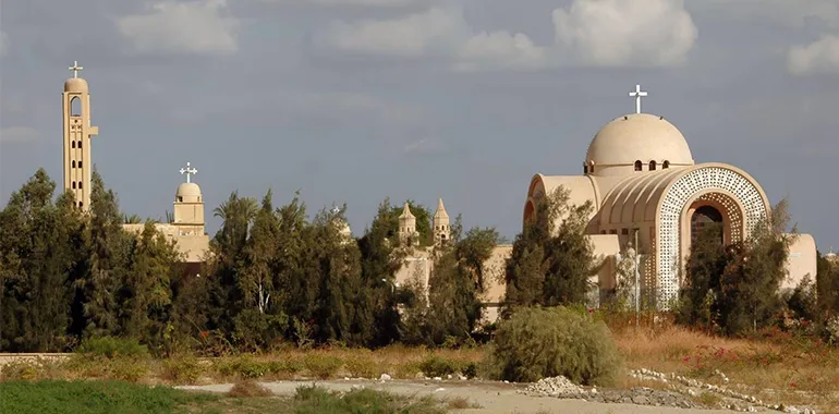 Coptic Orthodox Monasteries With Domes And Bell Towers In The Lush Area Of Wadi El Natrun (Nitrian Desert), Egypt.