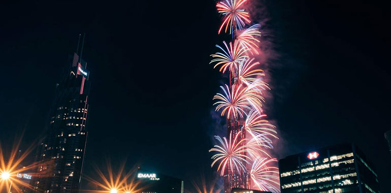 Dubai United Arab Emirates Festive New Years Eve Fireworks At The Burj Khalifa The Worlds Tallest Building