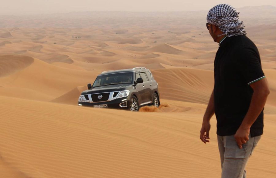 Dubai-desert-safari-in-sunset-light-Off-road-safari-in-sand-desert-Empty-Quarter-Desert-in-United-Arab-Emirates