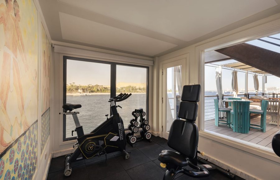 Interior of a cruise ship gym with exercise bike and weights, offering a large window view of the Nile River and an adjacent outdoor deck.