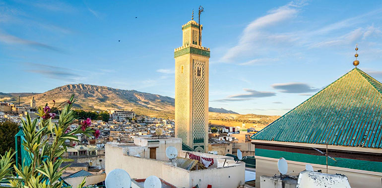 Famous al Qarawiyyin mosque and University in heart of historic downtown of Fez Morocco