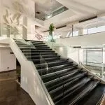 Grand central staircase in the MS Farah lobby, with black steps, white walls, and a glass railing, facing a view of the Nile.