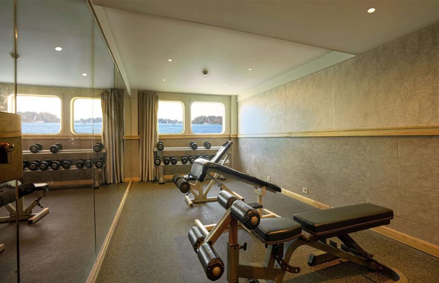 Cruise ship gym with weights, exercise bench, and porthole windows overlooking the water.