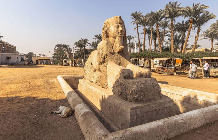 The majestic Alabaster Sphinx stands tall under the Egyptian sun during a comprehensive Memphis and Saqqara day trip