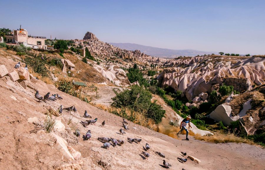 Guvercinlik-Valley-and-Fairy-tale-chimneys-on-background-of-blue-sky-at-Pigeon-Valley-in-Turkey-South-Cappadocia