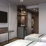 A modern twin stateroom on the Hansa Spirit Nile Cruise featuring two single beds with light green throws and white bedding. The wall is light gray with classic wall molding details. Opposite the beds, there is a wall-mounted TV, a dark wood and glass desk, and a built-in cabinet with a minibar, coffee/tea station, and open closet space. Contemporary abstract art hangs beside the beds.