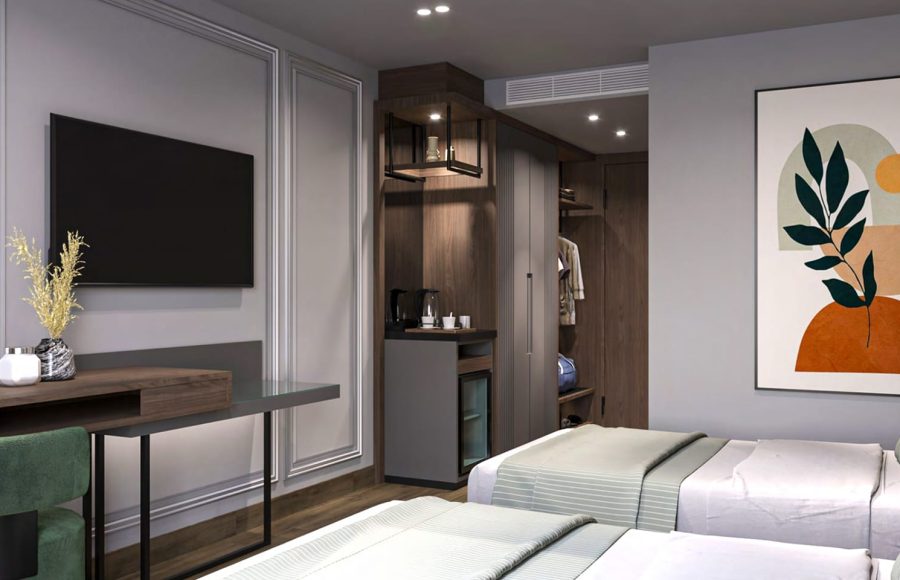 A modern twin stateroom on the Hansa Spirit Nile Cruise featuring two single beds with light green throws and white bedding. The wall is light gray with classic wall molding details. Opposite the beds, there is a wall-mounted TV, a dark wood and glass desk, and a built-in cabinet with a minibar, coffee/tea station, and open closet space. Contemporary abstract art hangs beside the beds.