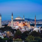 Istanbul-skyline-with-Hagia-Sophia-and-Bosporus-in-Turkey-at-sunset
