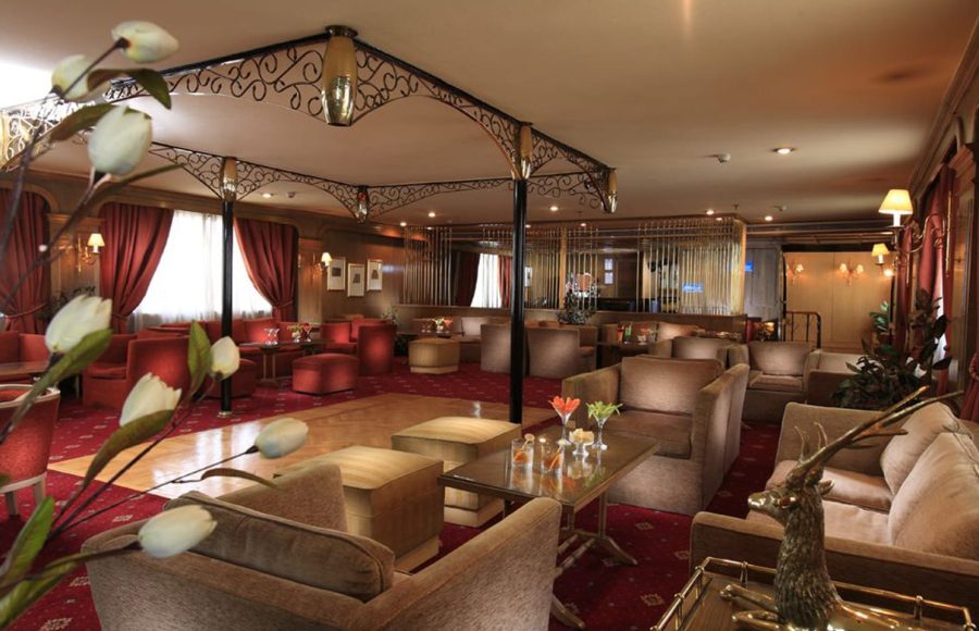 The elegant lounge on the Jaz Amara Nile Cruise.