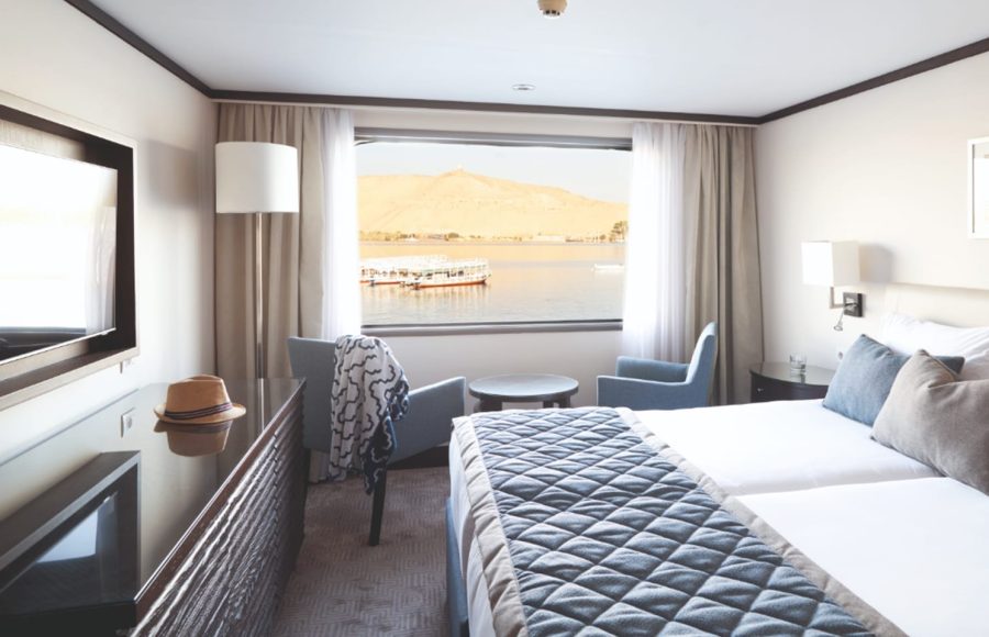 A luxurious cabin on the Jaz Imperial Nile Cruise.