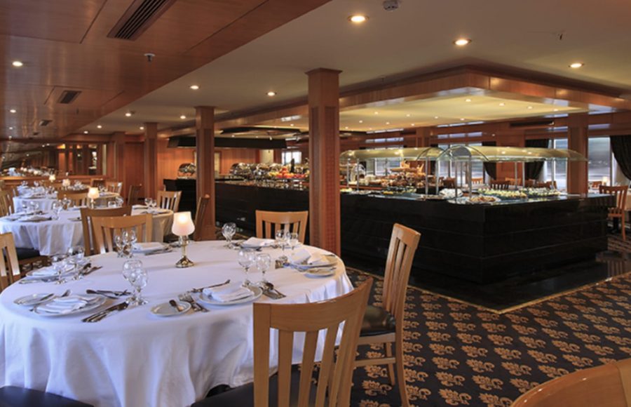 The restaurant on the Jaz Imperial cruise ship.