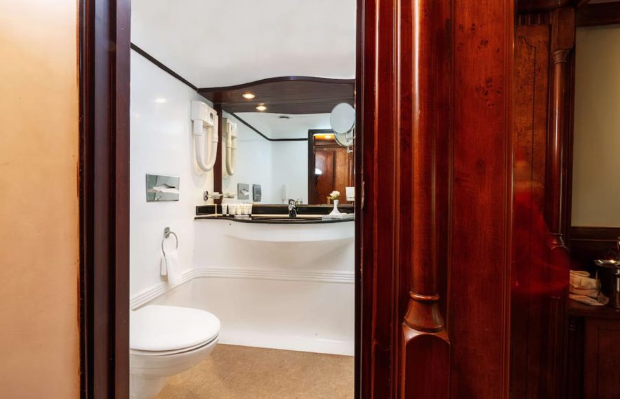 Compact, white suite bathroom with a toilet and dark wood doorframe.