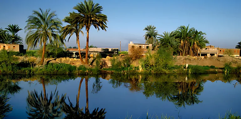 Lush Palm Trees And Traditional Buildings Reflected In Calm Water At Kharga Oasis, One Of The Key Western Desert Oases.