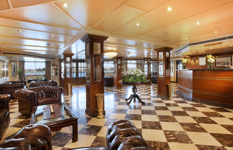 The elegant and spacious lobby on the La Traviata Nile Cruise features comfortable seating and a front desk.