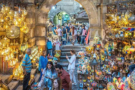 Vibrant lanterns glow during a Khan El Khalili bazaar tour in the heart of historic Cairo