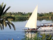Traditional Dahabiya sailing boat on the Nile River with palm trees.