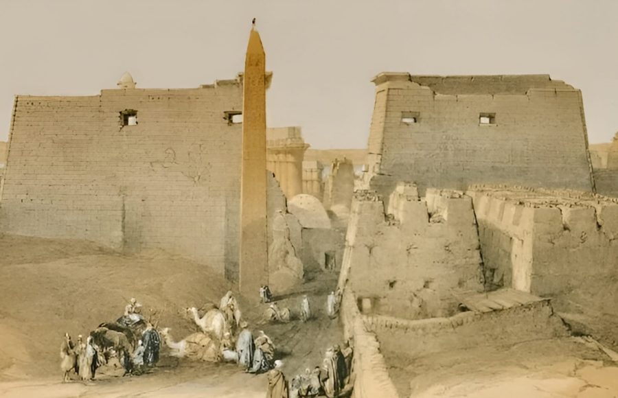 Sepia-toned image of the entrance and pylon of an Egyptian temple with an obelisk