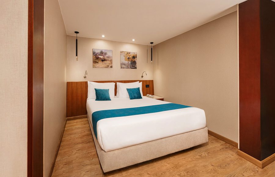 A cozy, modern Standard Cabin aboard the MS Alma Nile Cruise, featuring a comfortable double bed dressed in white and teal linens, warm wood flooring, and elegant bedside lighting.