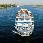 Aerial view of the MS Amwaj cruise ship sailing on the Nile.