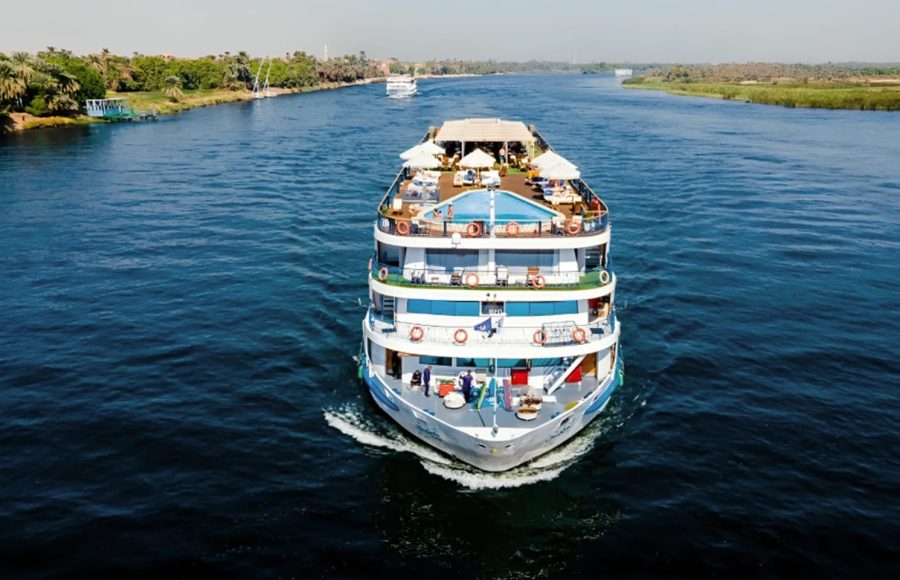 Aerial view of the MS Amwaj cruise ship sailing on the Nile.