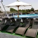 Sundeck of the MS Emilio Nile Cruise ship with swimming pool and lounge chairs.