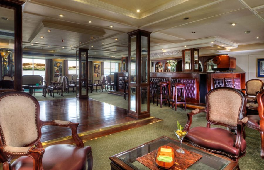 The sophisticated lounge and bar area on the La Traviata Nile Cruise is perfect for evening relaxation.
