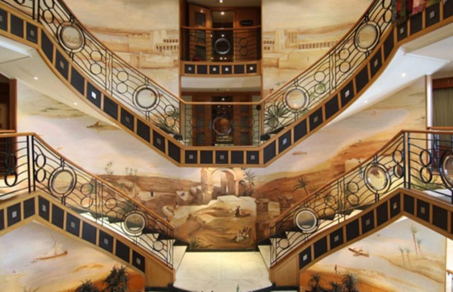 Grand staircase and mural on MS Monaco Nile Cruise.