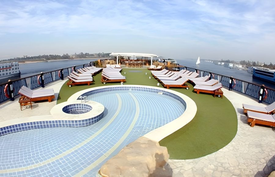 Nile Cruise sundeck with pool and lounge chairs.