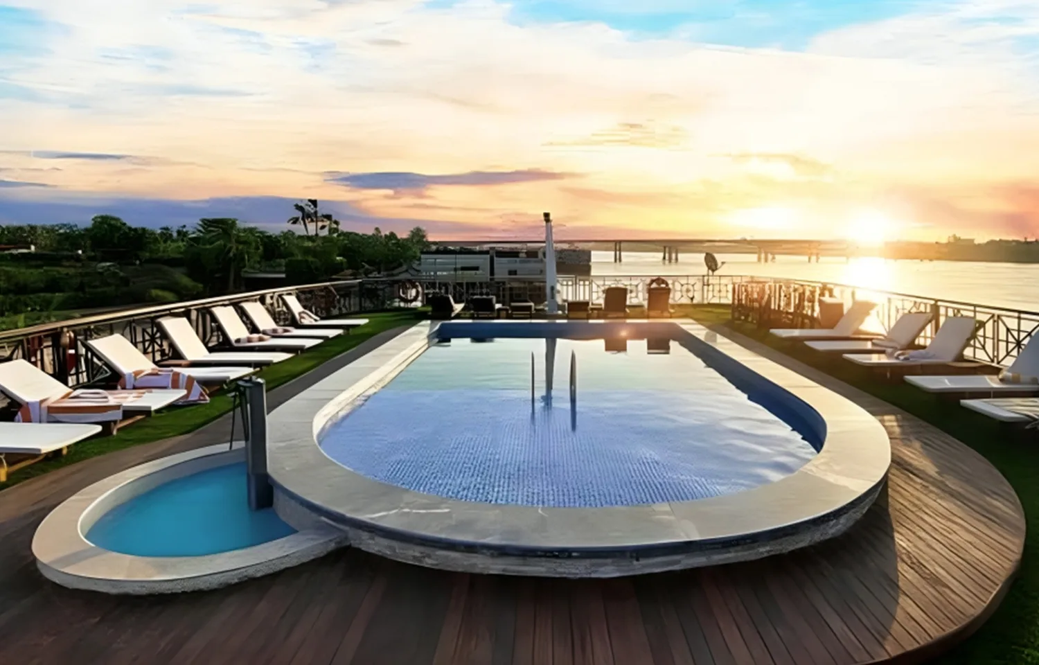 The pool deck of a Nile Cruise ship, part of the Best 12 Day Nile Cruise Itinerary.