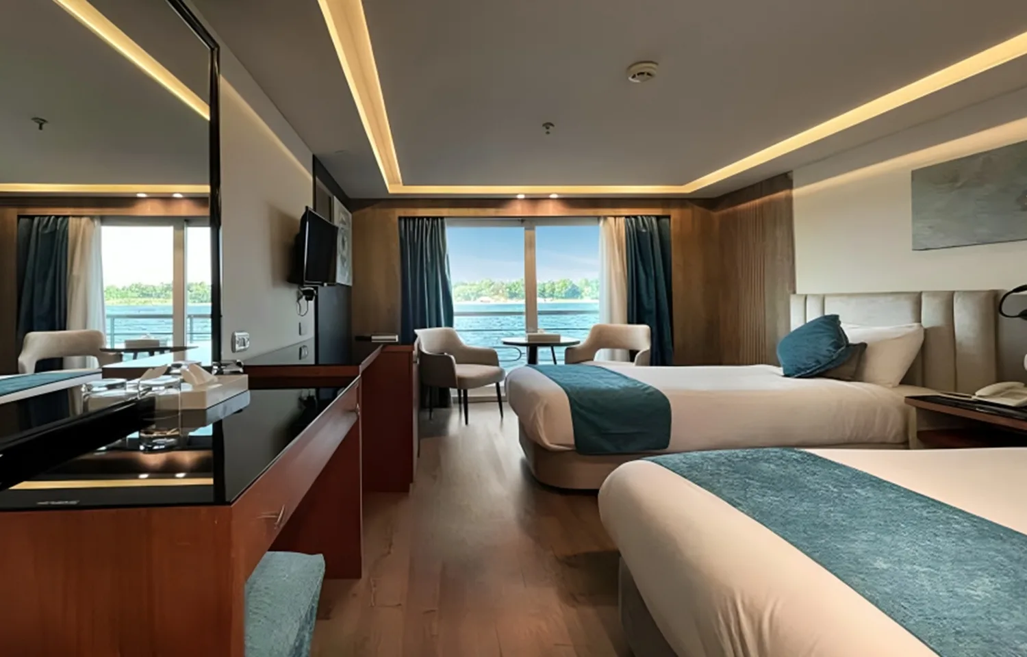 Modern, spacious suite on a cruise ship, part of the Egypt Tour With Nile Cruise and Red Sea.