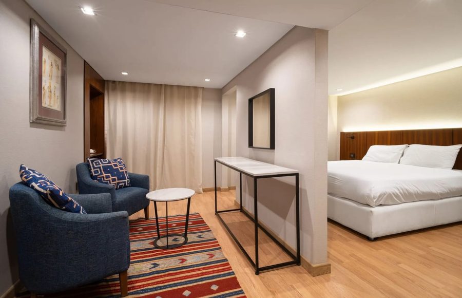 Two-room suite on the MS Nile Plaza with a bedroom separated by a partial wall from a sitting area featuring two blue armchairs and a patterned rug.