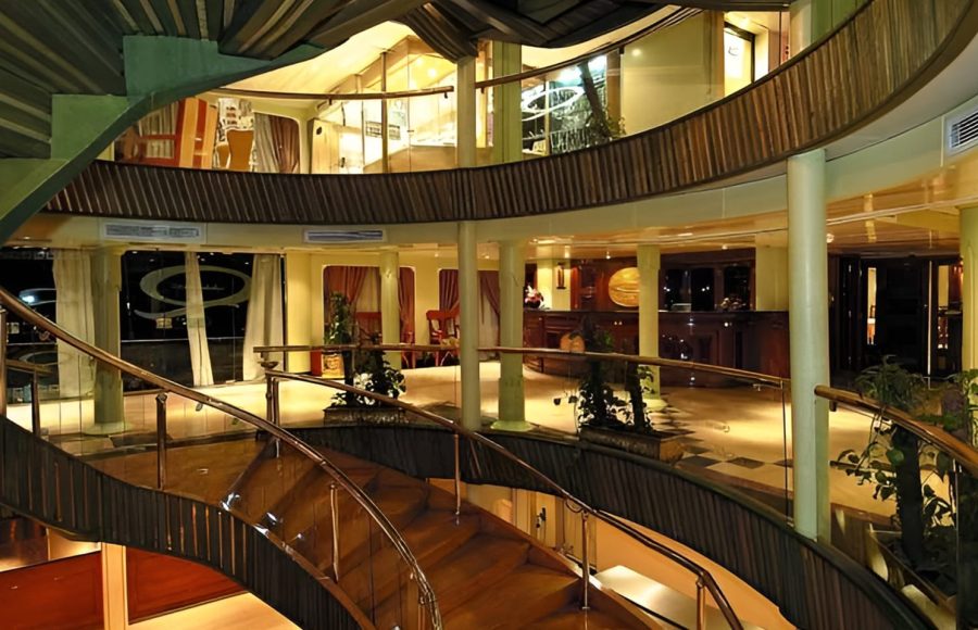The multi-level atrium and spiral staircase of the MS Quest Nile Cruise.