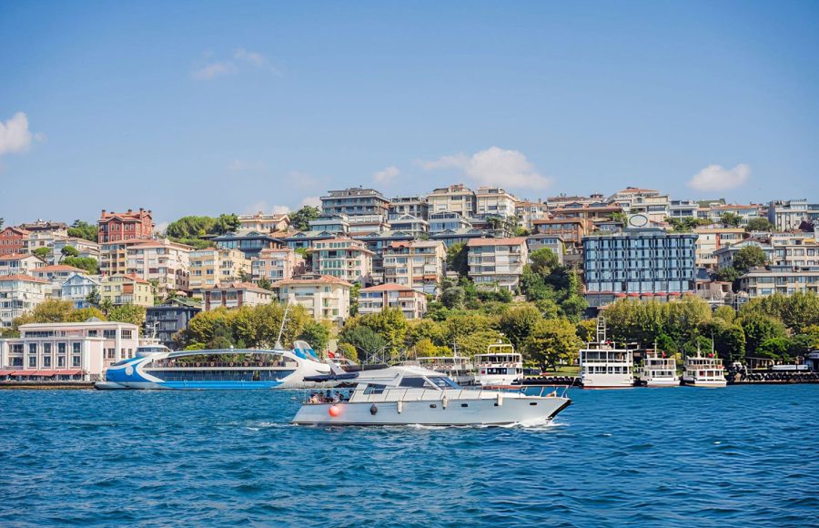 Muslim-architecture-and-water-transport-in-Turkey-Beautiful-View-touristic-landmarks-from-sea-voyage-on-Bosphorus