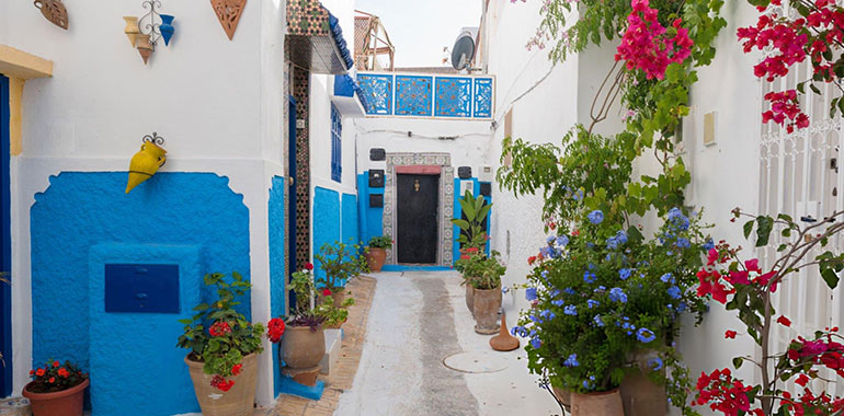 Narrow blue and white streets of Kasbah des Oudaia in Rabat capital city of Morocco