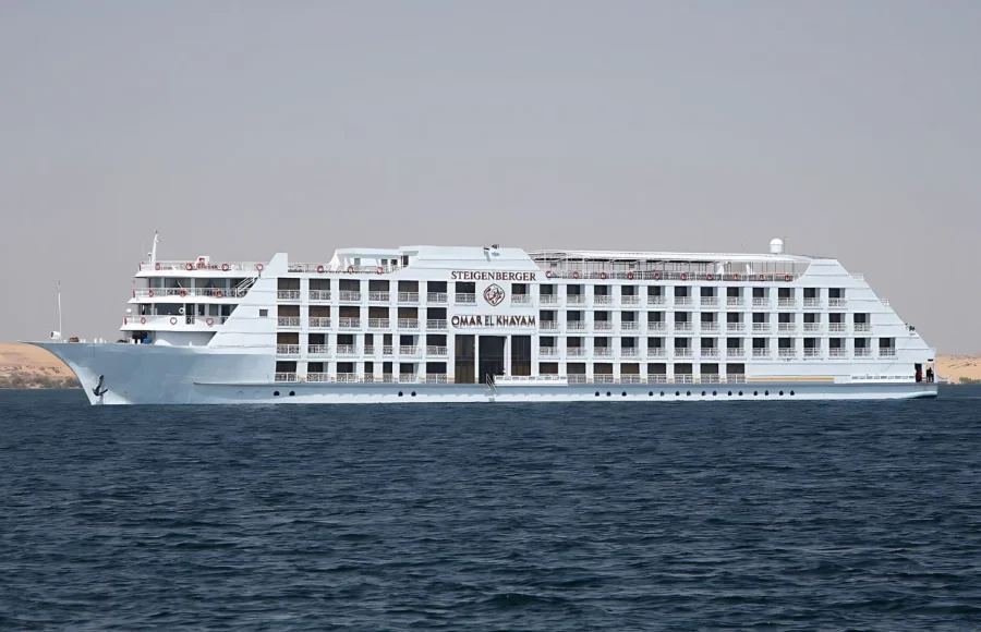 The Steigenberger Omar El Khayam ship sailing across Lake Nasser, a premium part of the 10 day Nile and Lake Nasser holiday.