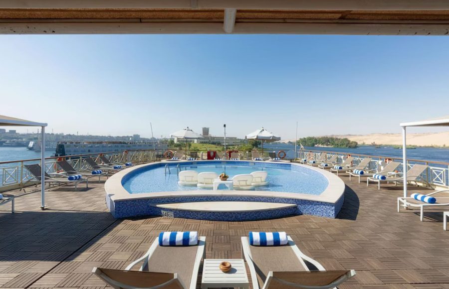 Five-star Nile cruise ship MS Grand Rose sailing between Luxor and Aswan.