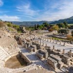 Panoramic-shot-of-the-famous-Ephesus-Ancient-Theatre-on-a-sunny-day