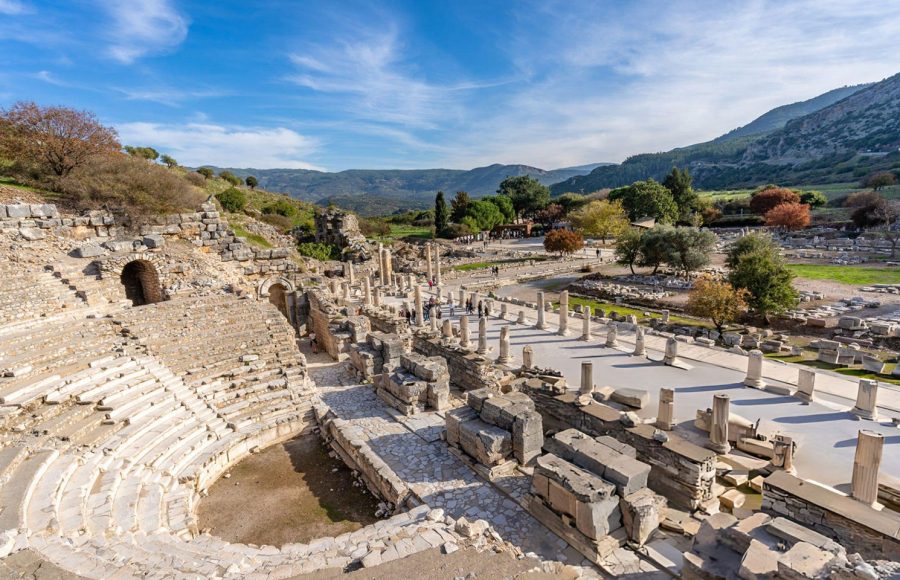 Panoramic-shot-of-the-famous-Ephesus-Ancient-Theatre-on-a-sunny-day