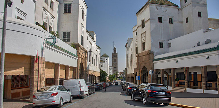 Perspective of a traditional street with Moorish arches in the Habous Quarter of Casablanca Morocco