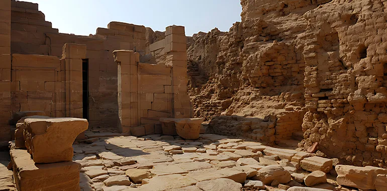 Ancient Sandstone Temple Ruins With Intricate Carvings At Baris Oasis, A Historical Stop On An Egypt Desert Tour.