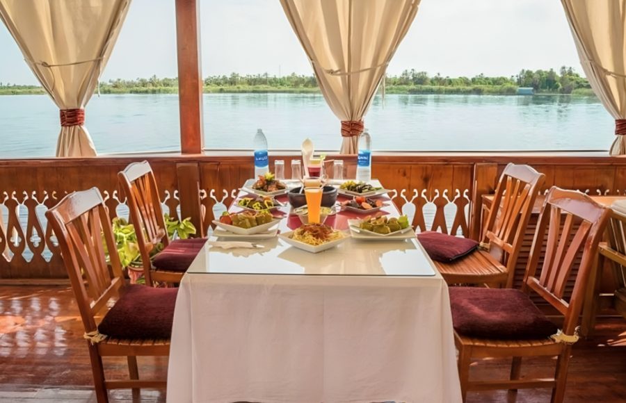 Sundeck dining area on the Royal Cleopatra Dahabiya Nile Cruise boat.