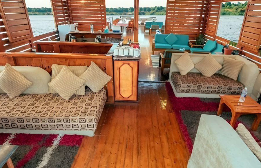 Sundeck lounge area on the Royal Cleopatra Dahabiya Nile Cruise boat.