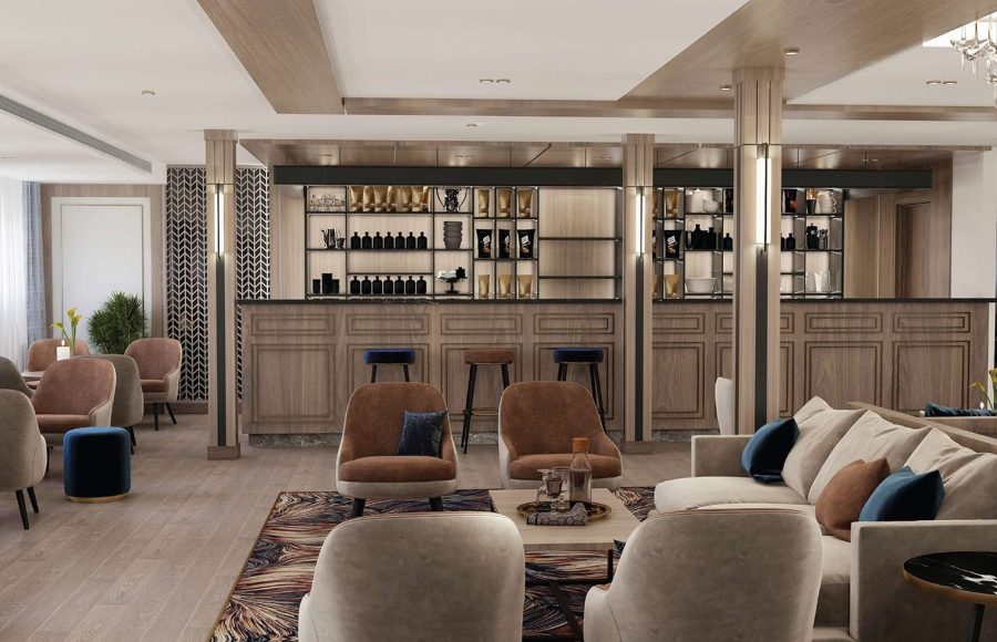 Modern cruise ship bar and lounge area with light wood paneling, a bar counter, and various seating groups with velvet upholstery.